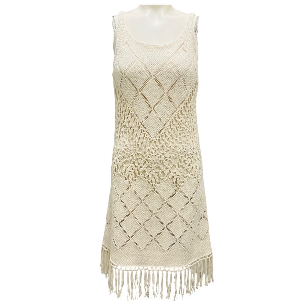 CHLOE IVORY CROCHET KNIT SLEEVELESS DRESS WITH SLIP
